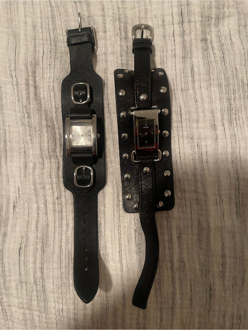 Guess - Black Leather Cuff Watches - Dual Stud & Buckle Styles